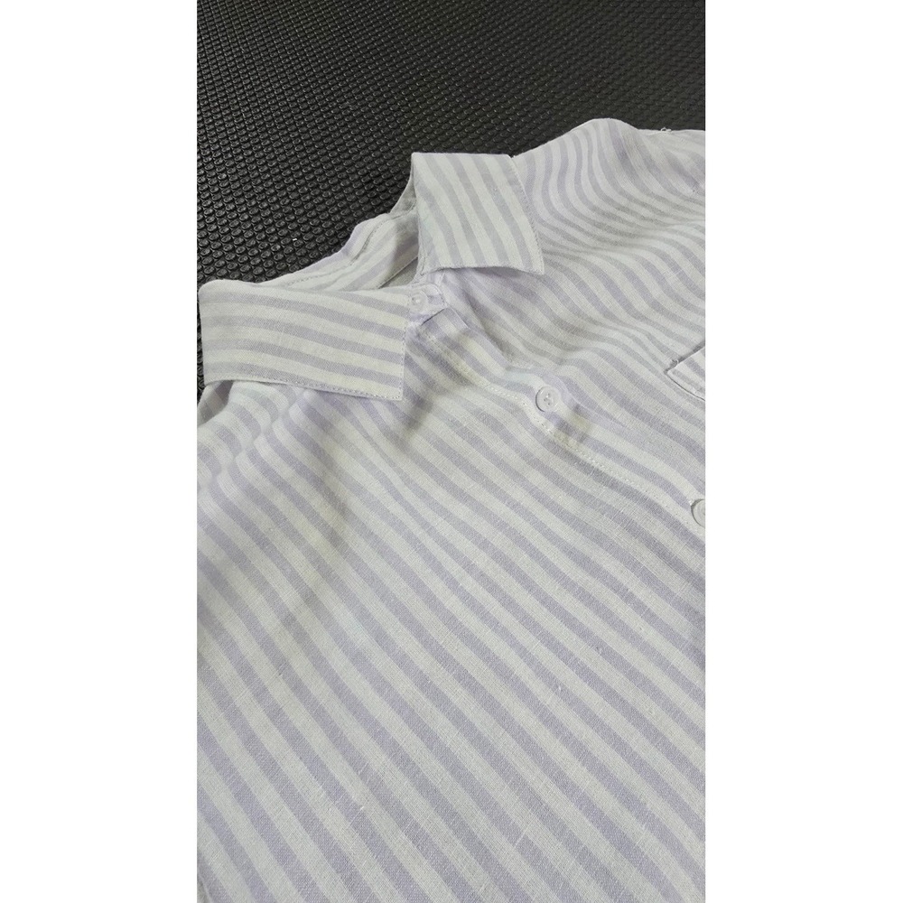 Lola River Button Up Linen Viscose  Shirt Purple White Stripe Casual Vacation